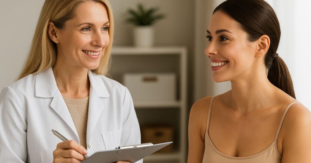 Ärztin erklärt Botox-Behandlung in einer modernen Praxis