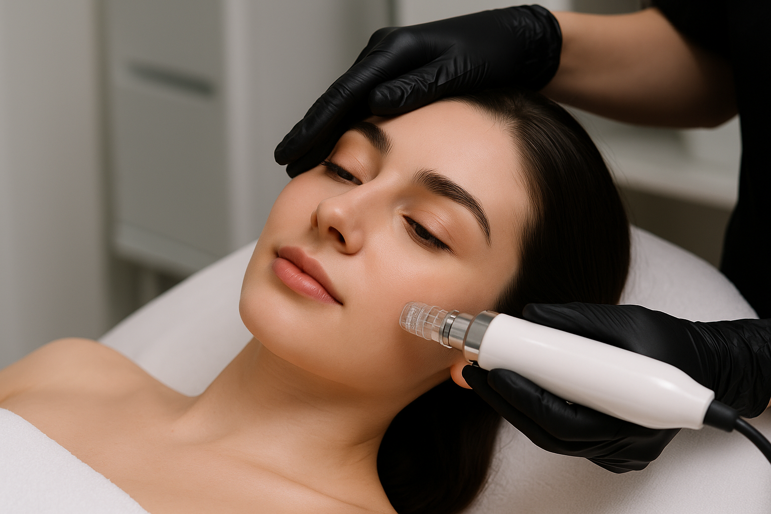 Radiofrequenz Microneedling Behandlung im Gesicht bei einer jungen Frau