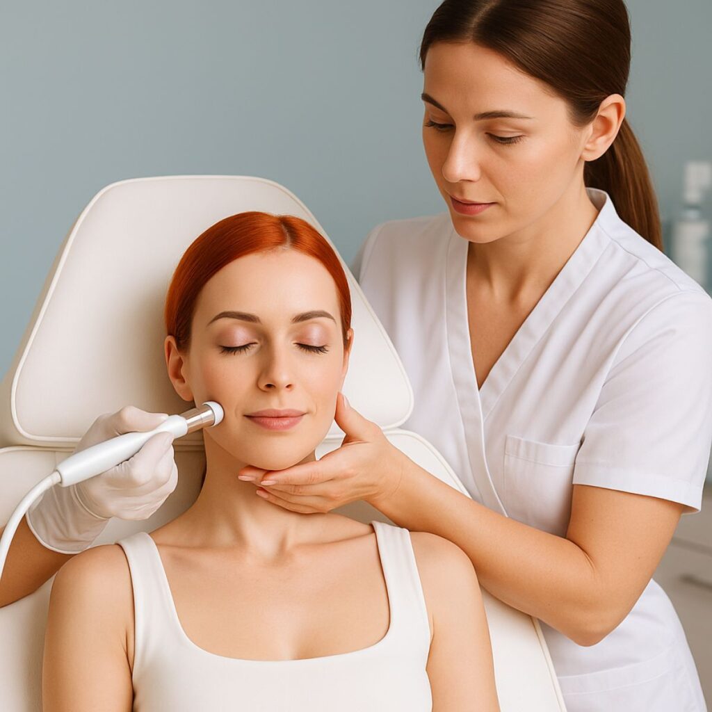 Kosmetikerin führt eine Dermabrasion im Gesicht bei einer entspannten Patientin durch