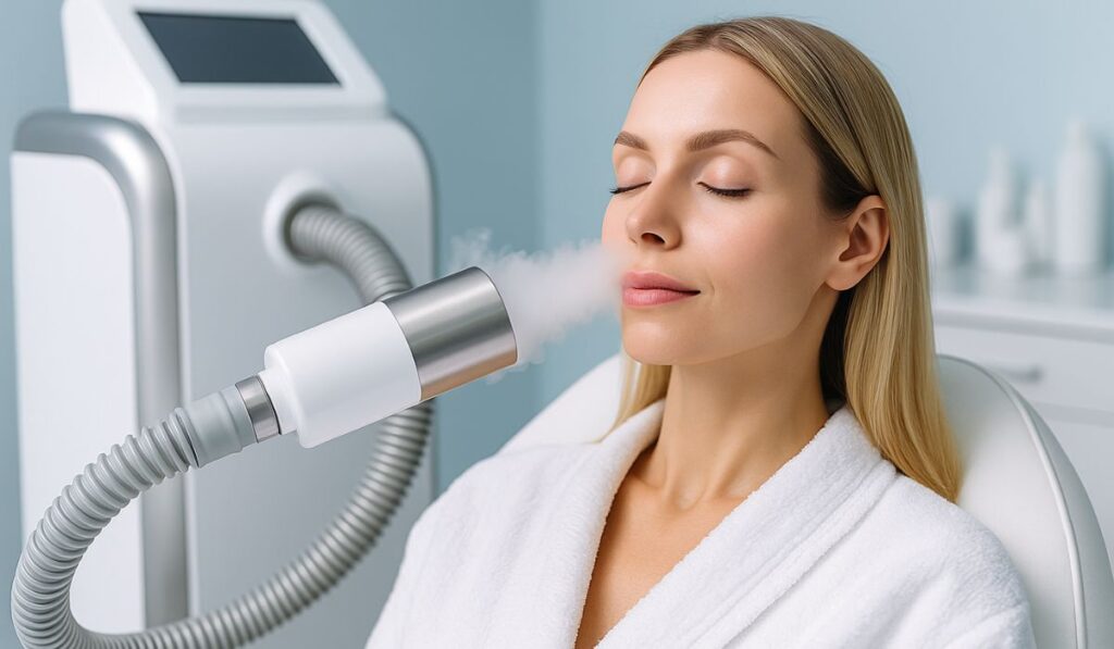 Frau unterzieht sich einer Kryotherapie-Gesichtsbehandlung mit Kältegerät in moderner Klinik