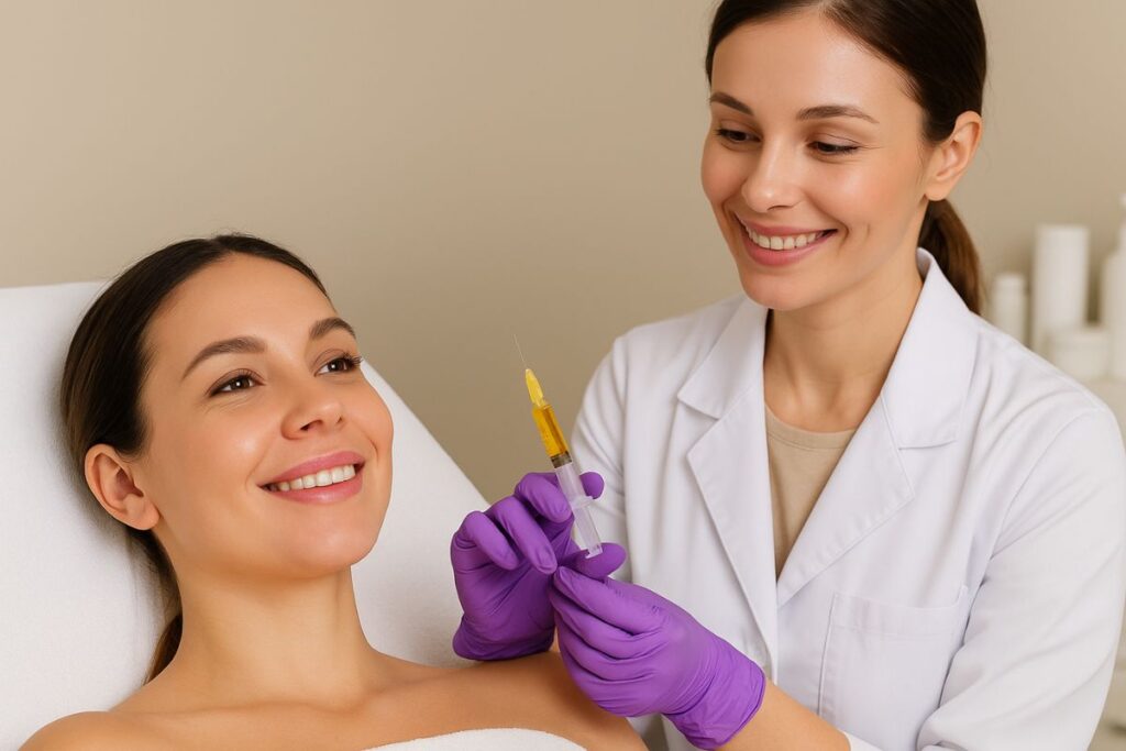 „Ärztin injiziert Skinbooster in Gesicht einer lächelnden Frau in moderner Praxis“