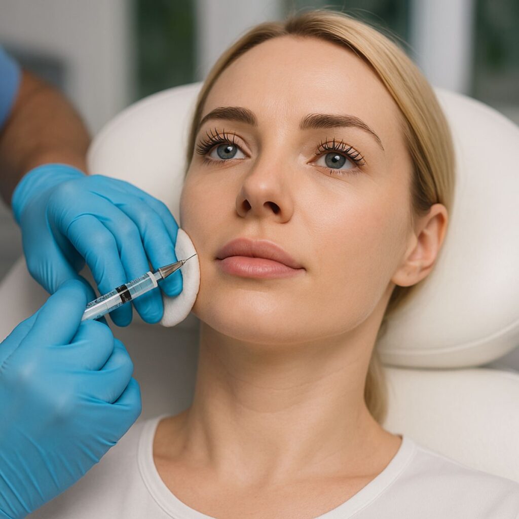 Kosmetische Injektion mit feiner Nadel im Gesicht