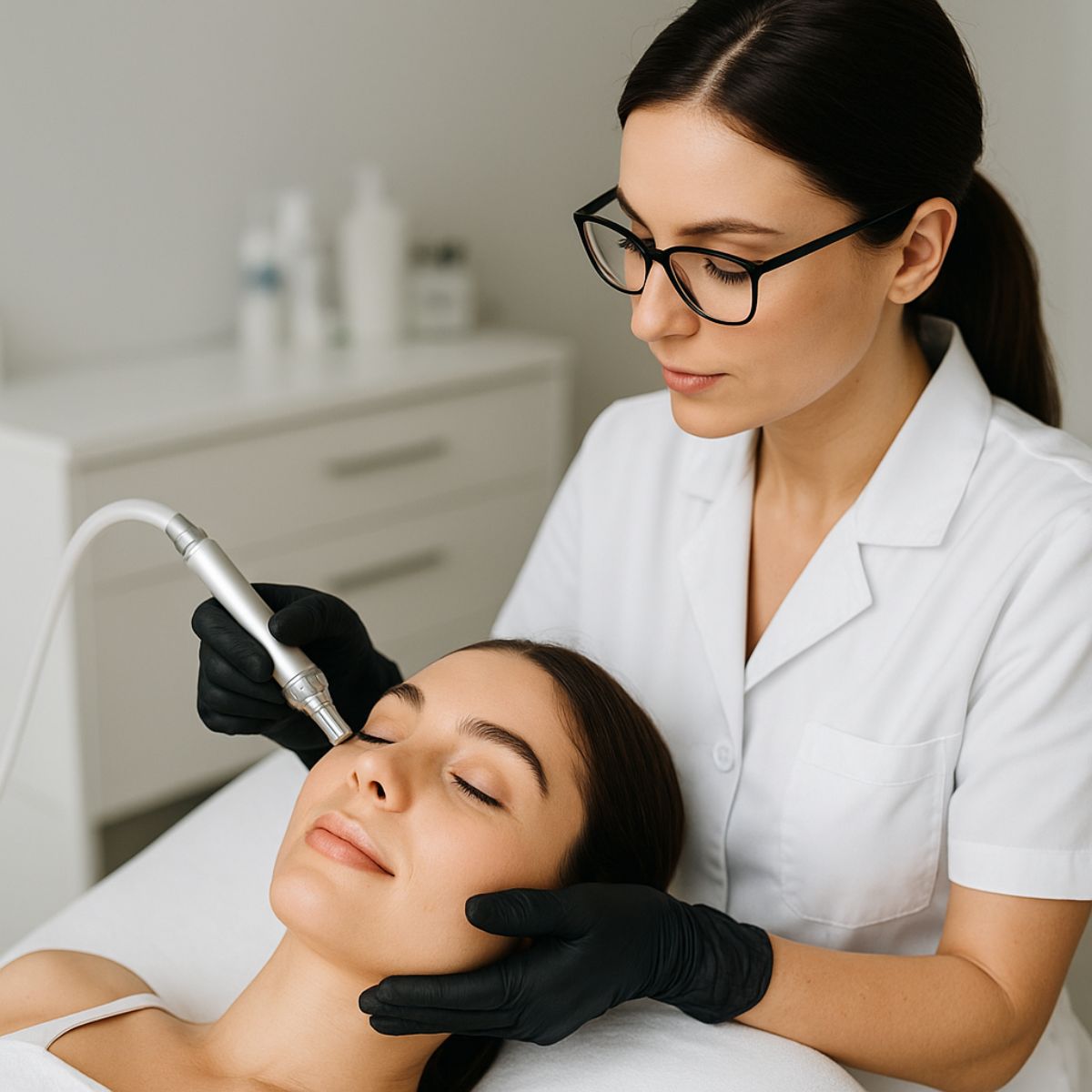 Frau bei einer professionellen Dermabrasion-Gesichtsbehandlung in einem modernen Kosmetikstudio