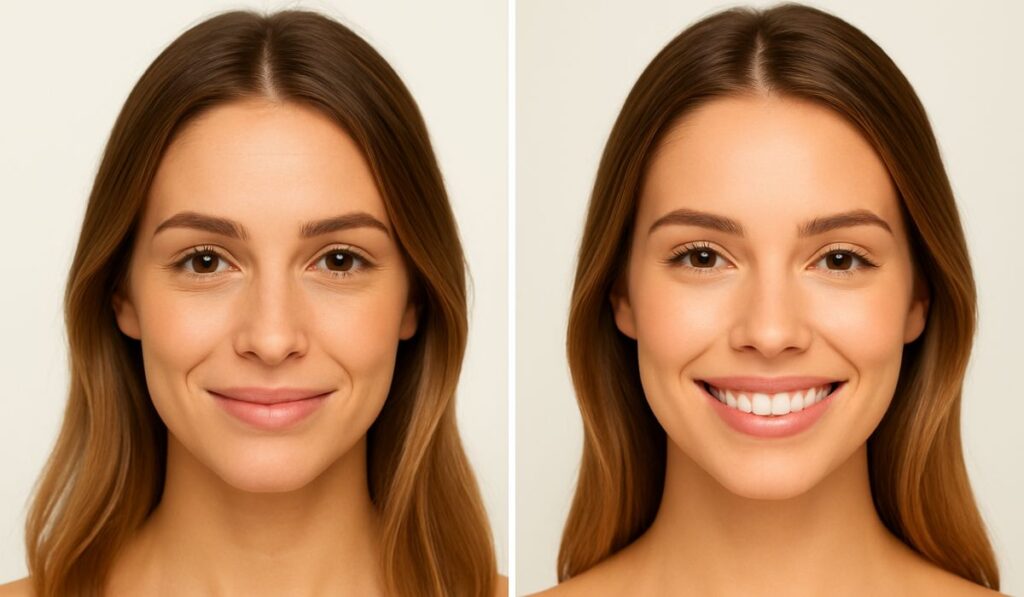 Vorher-nachher Vergleich einer Frau nach Dermabrasion mit glatterer und ebenmäßiger Haut