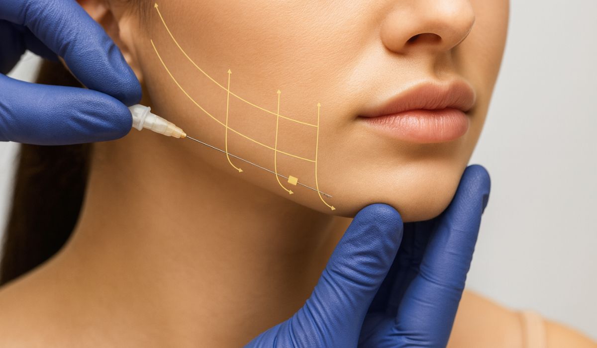 Ärztliche Anwendung von Fadenlifting im Gesichtsbereich mit Markierungslinien auf der Haut.