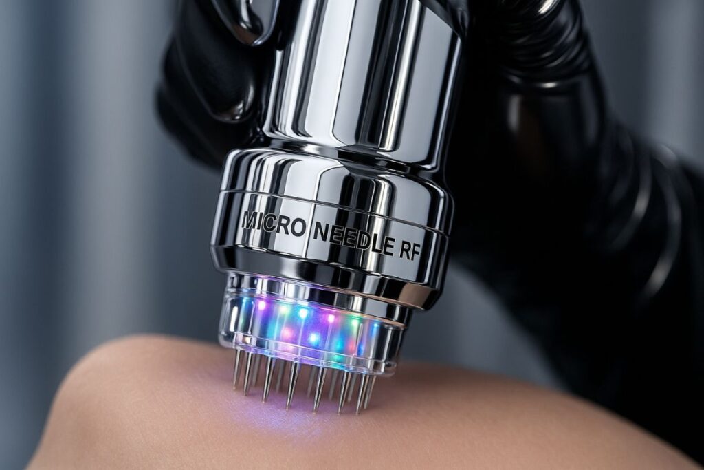 Nahaufnahme eines Micro-Needle-RF-Geräts bei der Radiofrequenz-Microneedling-Behandlung.